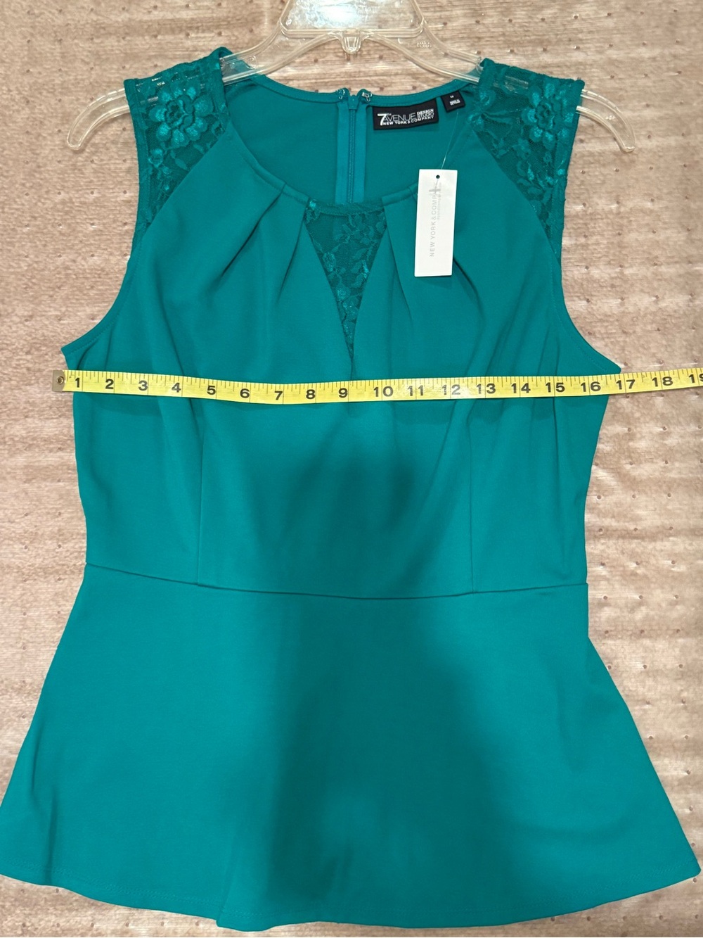 New York and Company Teal Lace-Shoulder Peplum Top - Picture 12 of 17